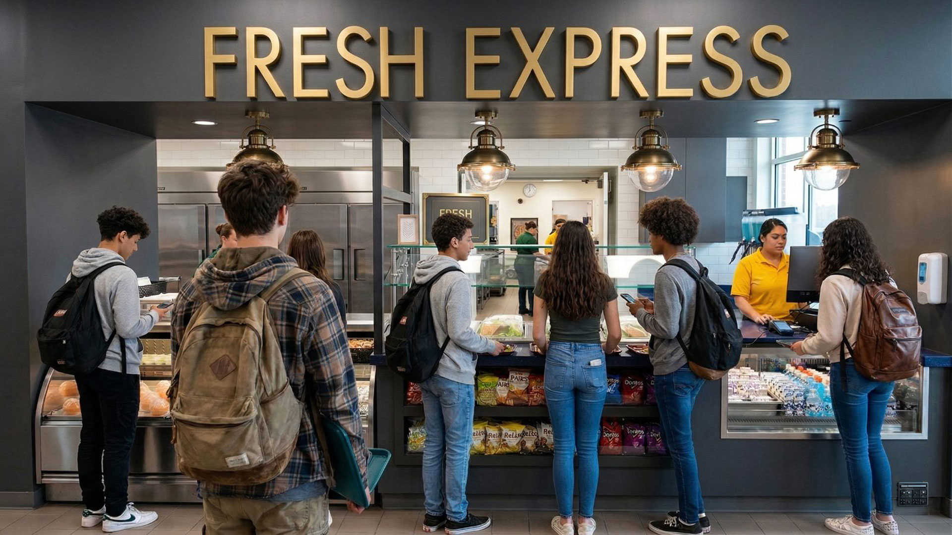 Students lined up at the Fresh Express cafeteria service line