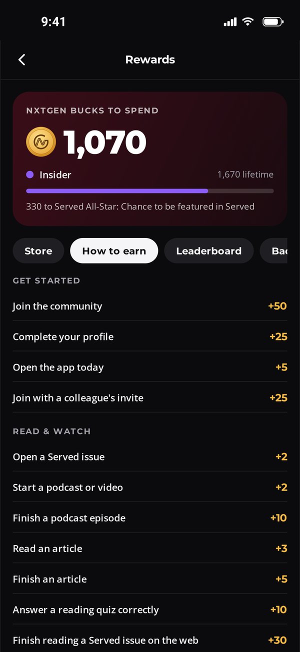 Served Rewards screen with a NxtGen Bucks balance, the Insider level and the How to earn list