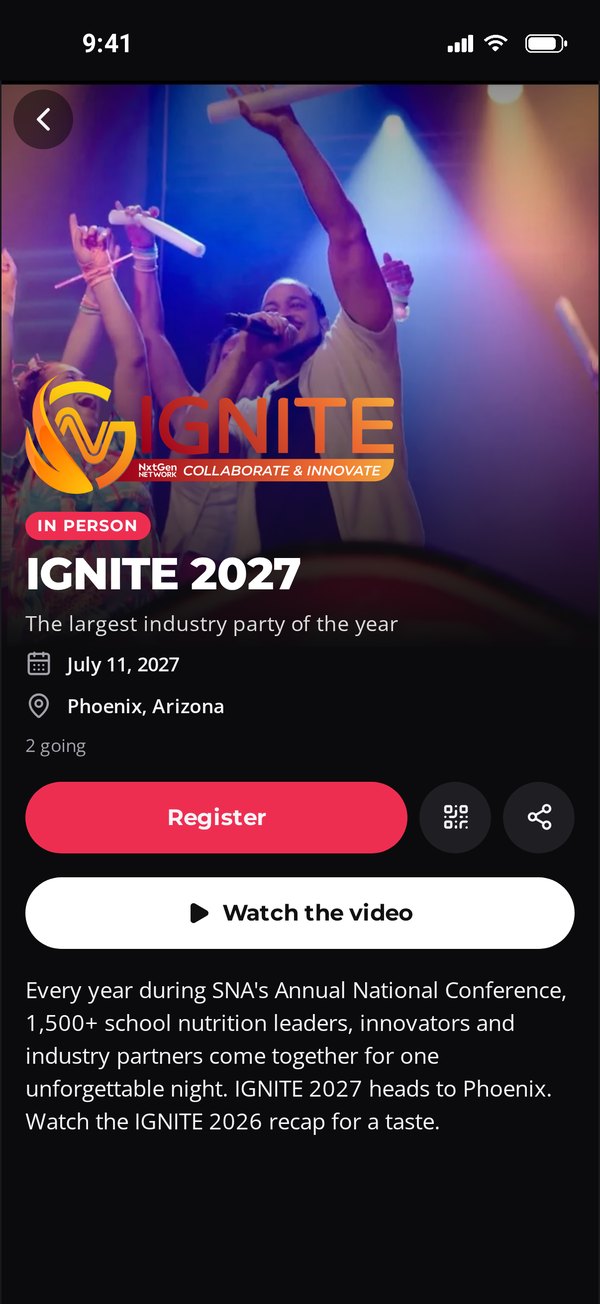 IGNITE 2027 event page in Served with the date, Phoenix location, a Register button and Watch the video