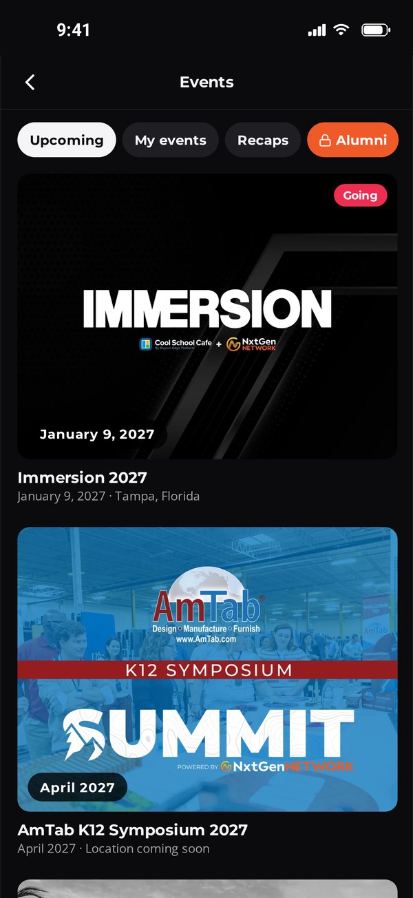 Served Events screen with Upcoming, My events, Recaps and Alumni tabs and upcoming events like Immersion 2027 and the AmTab K12 Symposium