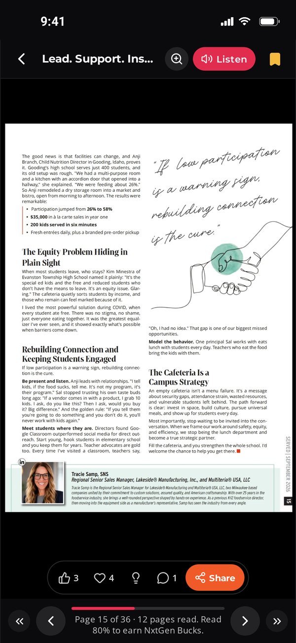 Page 15 of the Lead. Support. Inspire. issue, The Empty Cafeteria Effect, open in the Served reader with the Listen button at the top
