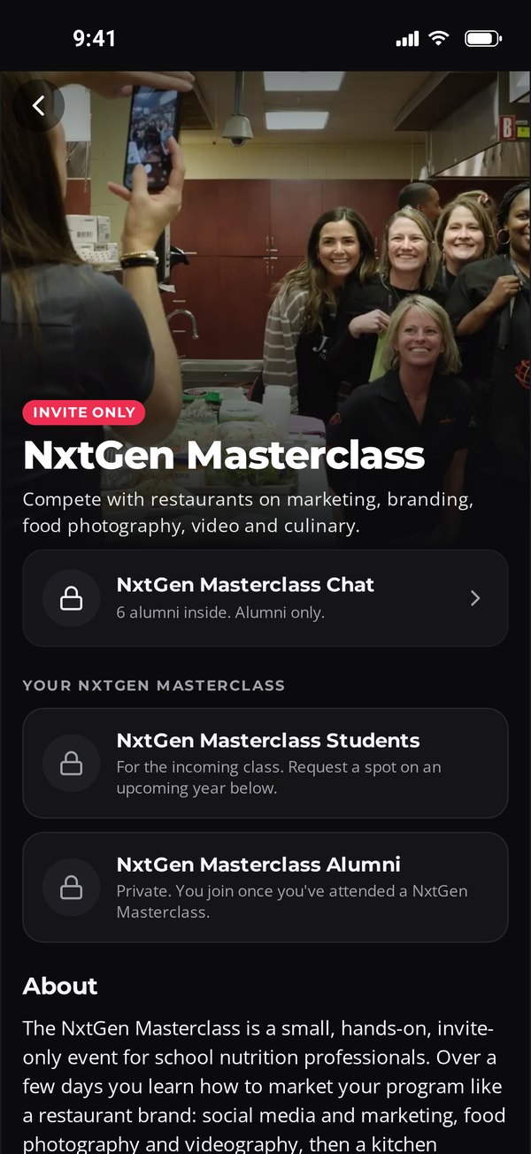 NxtGen Masterclass page in Served with the Masterclass chat and private Students and Alumni spaces