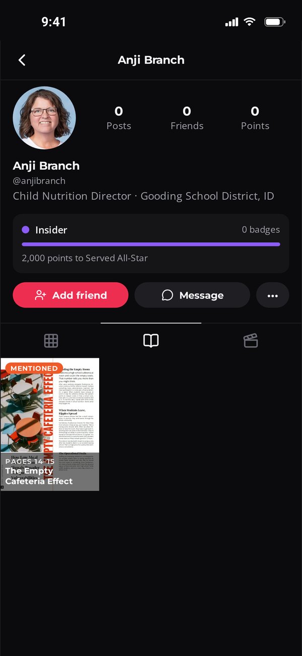 Anji Branch's Served profile with The Empty Cafeteria Effect on her Served Digizine tab, labeled Mentioned