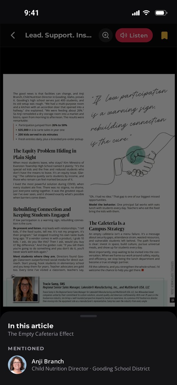 Page 15 of the Served Digizine in the Served reader with the In this article panel showing Anji Branch under Mentioned