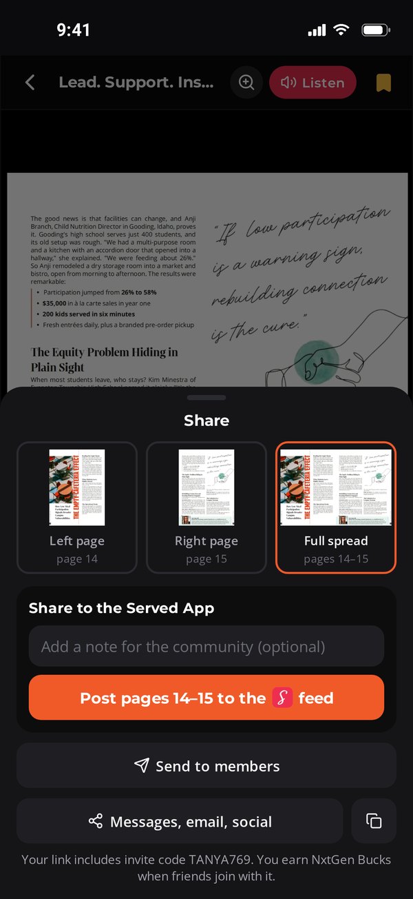 The Served Share sheet open on pages 14 and 15, with options to post to the Served feed, send to members or share by text, email and social