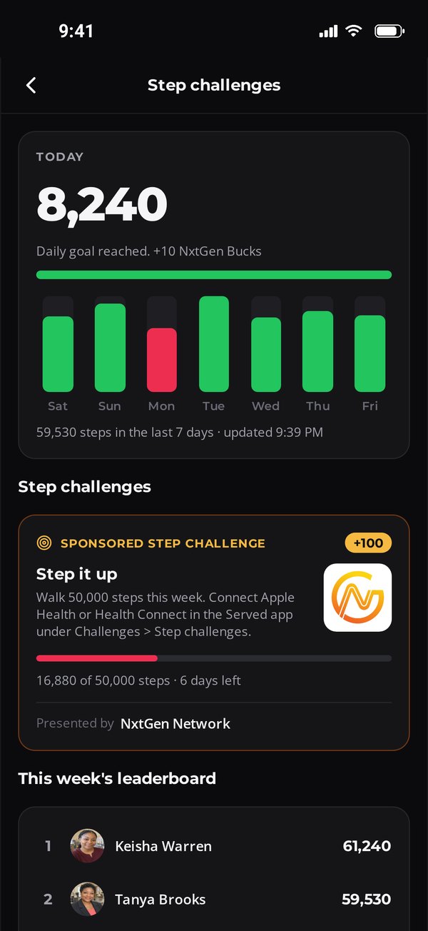 Served Step challenges screen showing 8,240 steps today, the daily goal reached and a sponsored step challenge