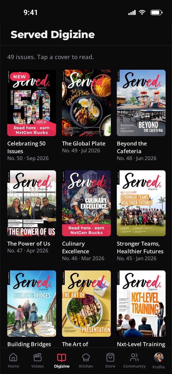 Served app Digizine tab with a grid of Served Digizine covers