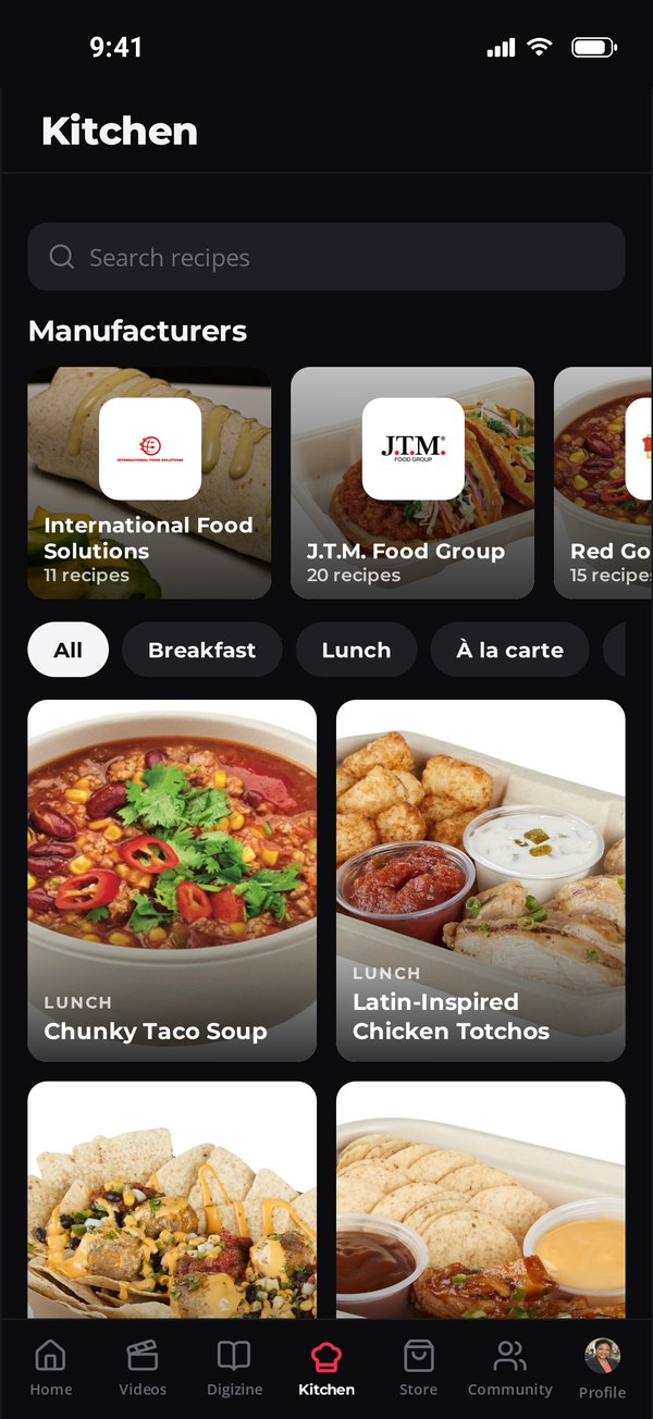 Served app Kitchen tab with recipes from International Food Solutions, J.T.M. Food Group and Red Gold