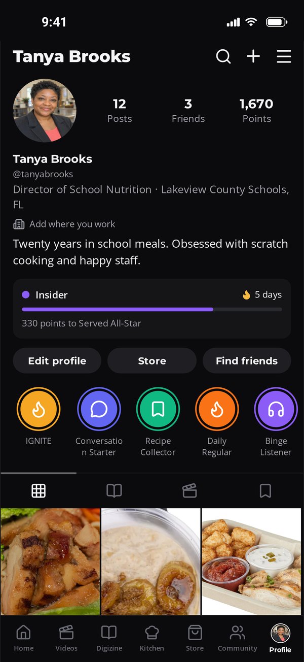 Served app Profile tab with posts, friends, points, level and badges
