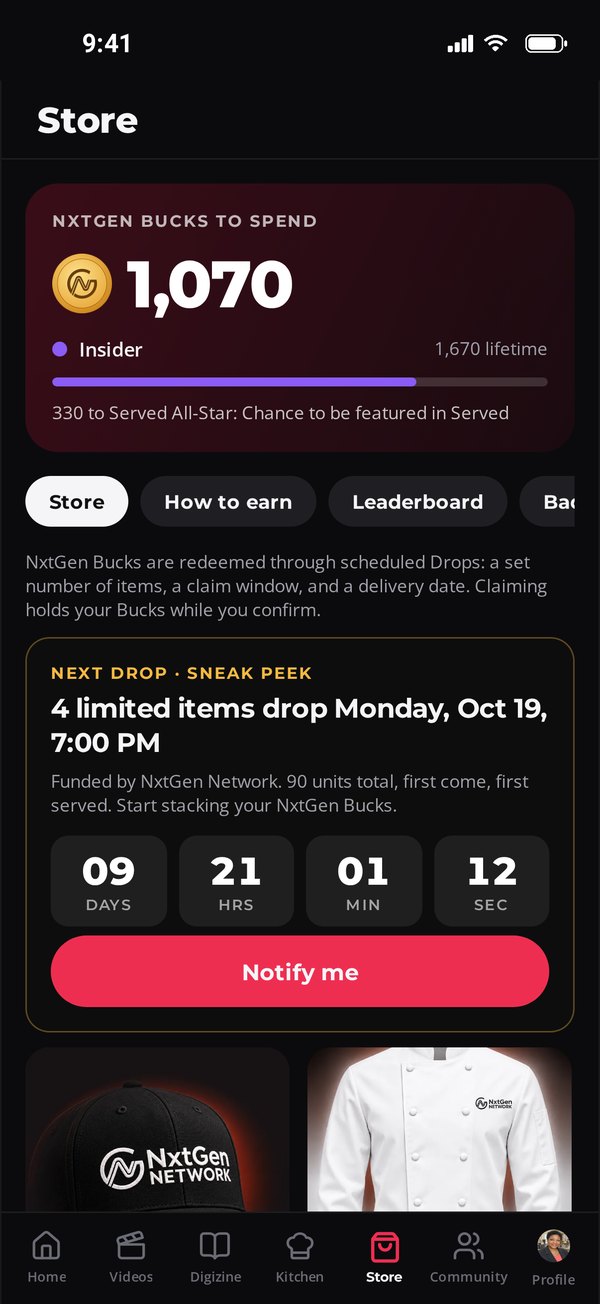 Served app Store tab showing a NxtGen Bucks balance and a countdown to the next Drop