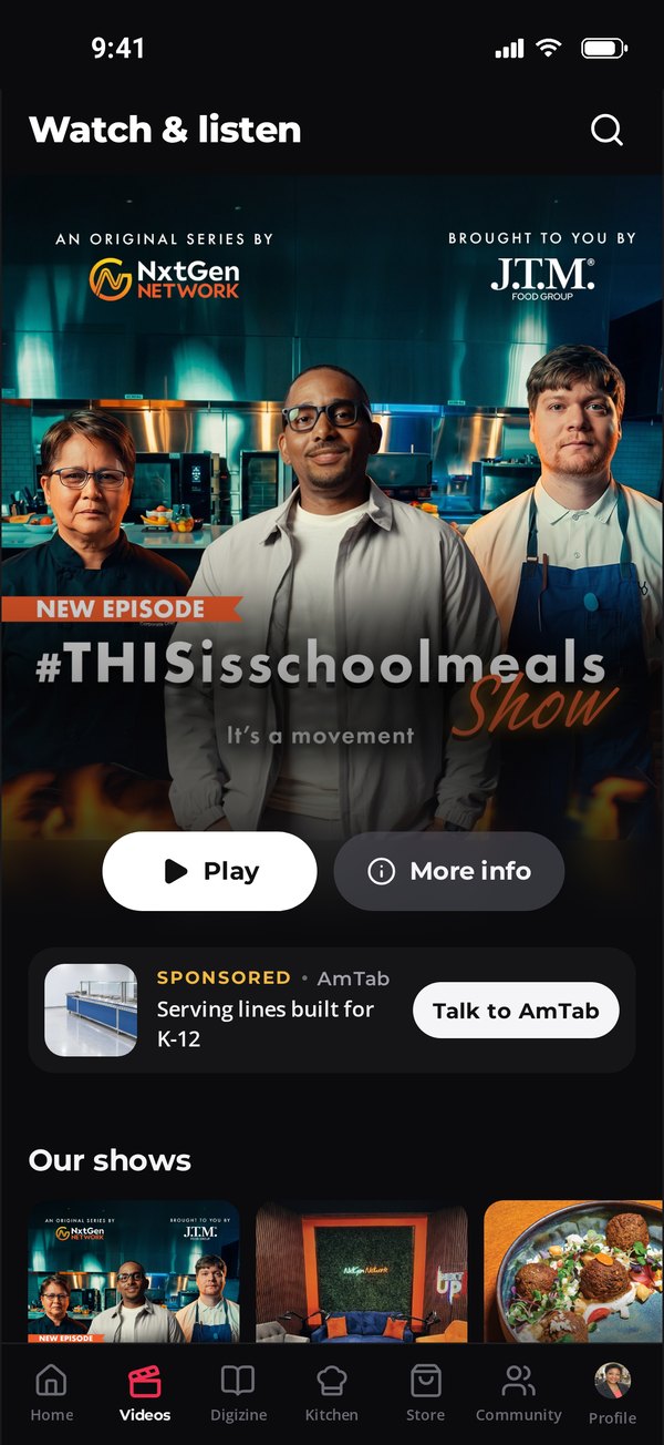 Served app Videos tab featuring the #THISisschoolmeals Show